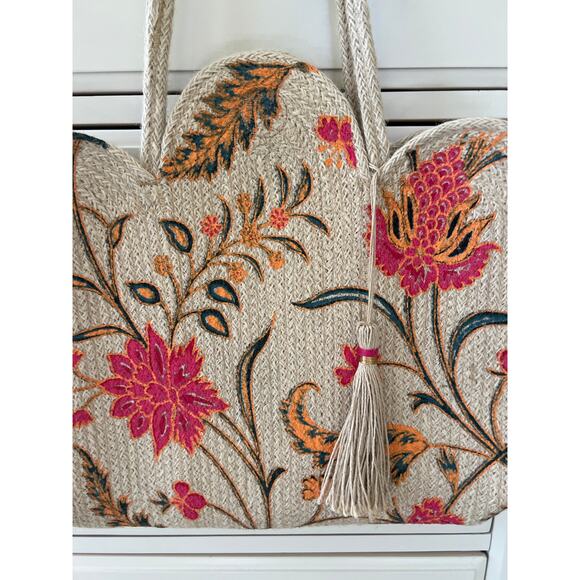 Antik Kraft Tan Floral Purse Shoulder Bag Tote 100% Jute Bohemian Indie Cottage - Picture 2 of 9